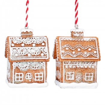 Gisela Graham Set of Two Iced Gingerbread Houses Christmas Tree Decorations