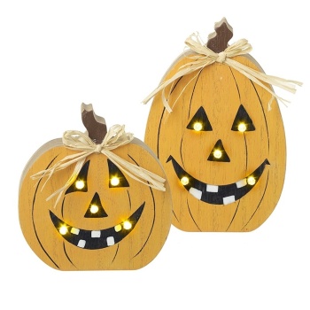 Heaven Sends Set of Two Wooden Light Up Pumpkin Halloween Decorations