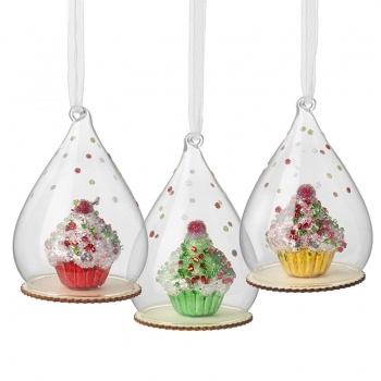 Heaven Sends Set of 3 Cupcakes in Glass Dome Christmas Tree Decorations