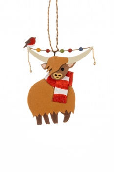 Shoeless Joe Metal Highland Cow in Scarf Christmas Tree Decoration