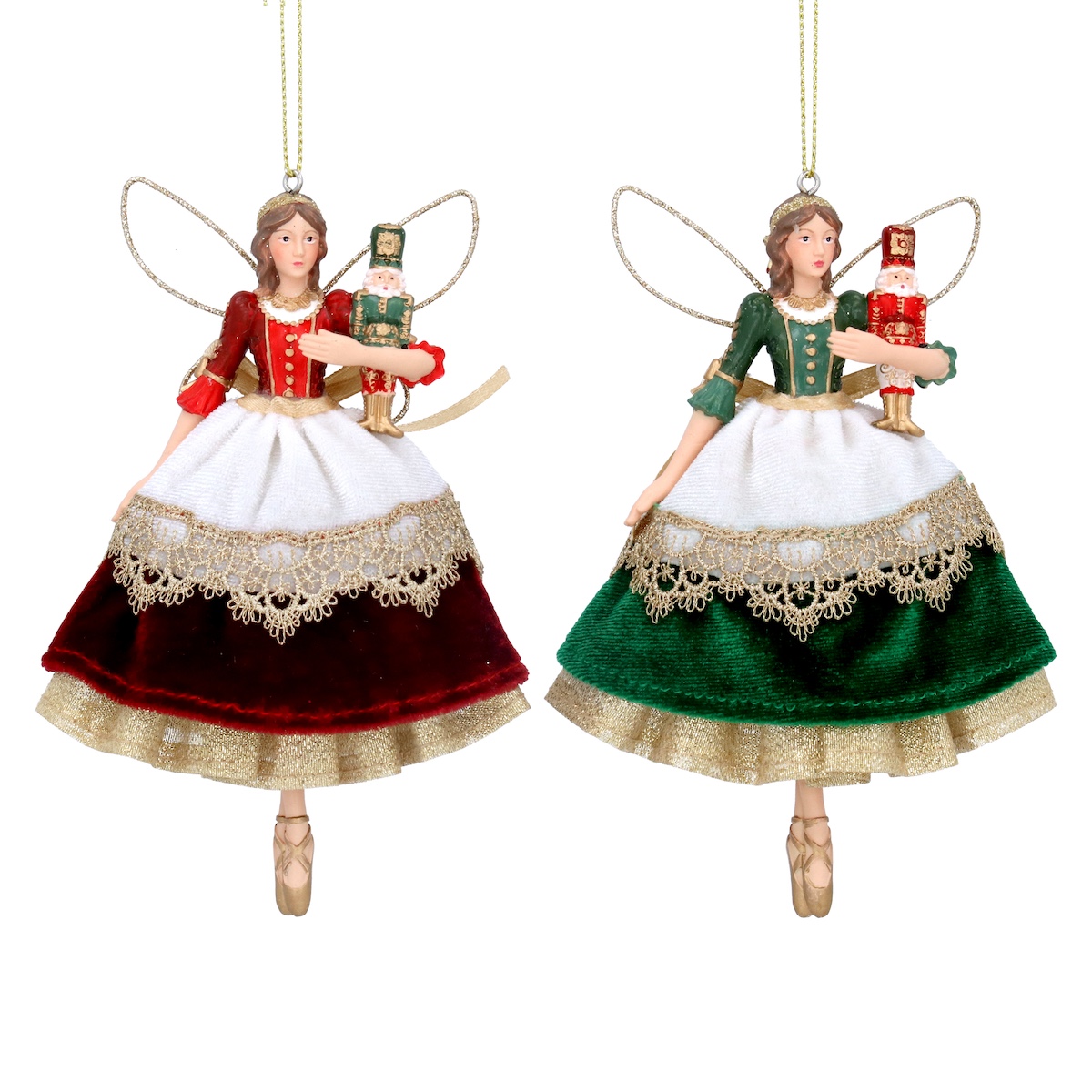 Gisela Graham Set of 2 Red & Green Velvet Nutcracker Fairy Christmas Decorations