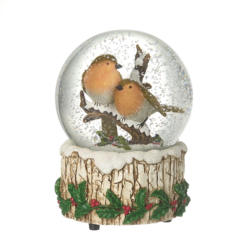 Heaven Sends Two Robins on Perch Musical Christmas Snow Globe