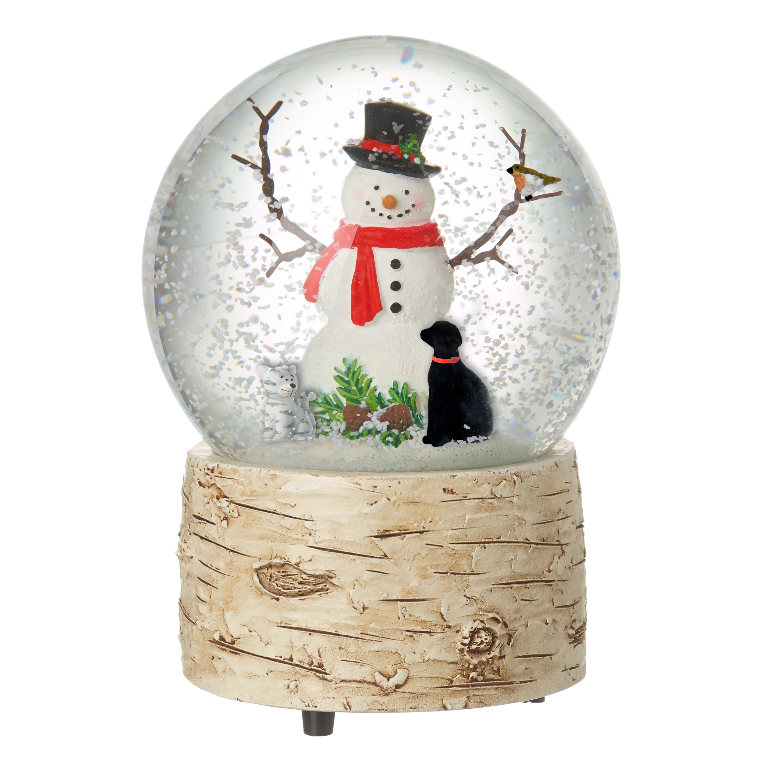 Heaven Sends Cat, Dog and Robin with Snowman Christmas Snow Globe