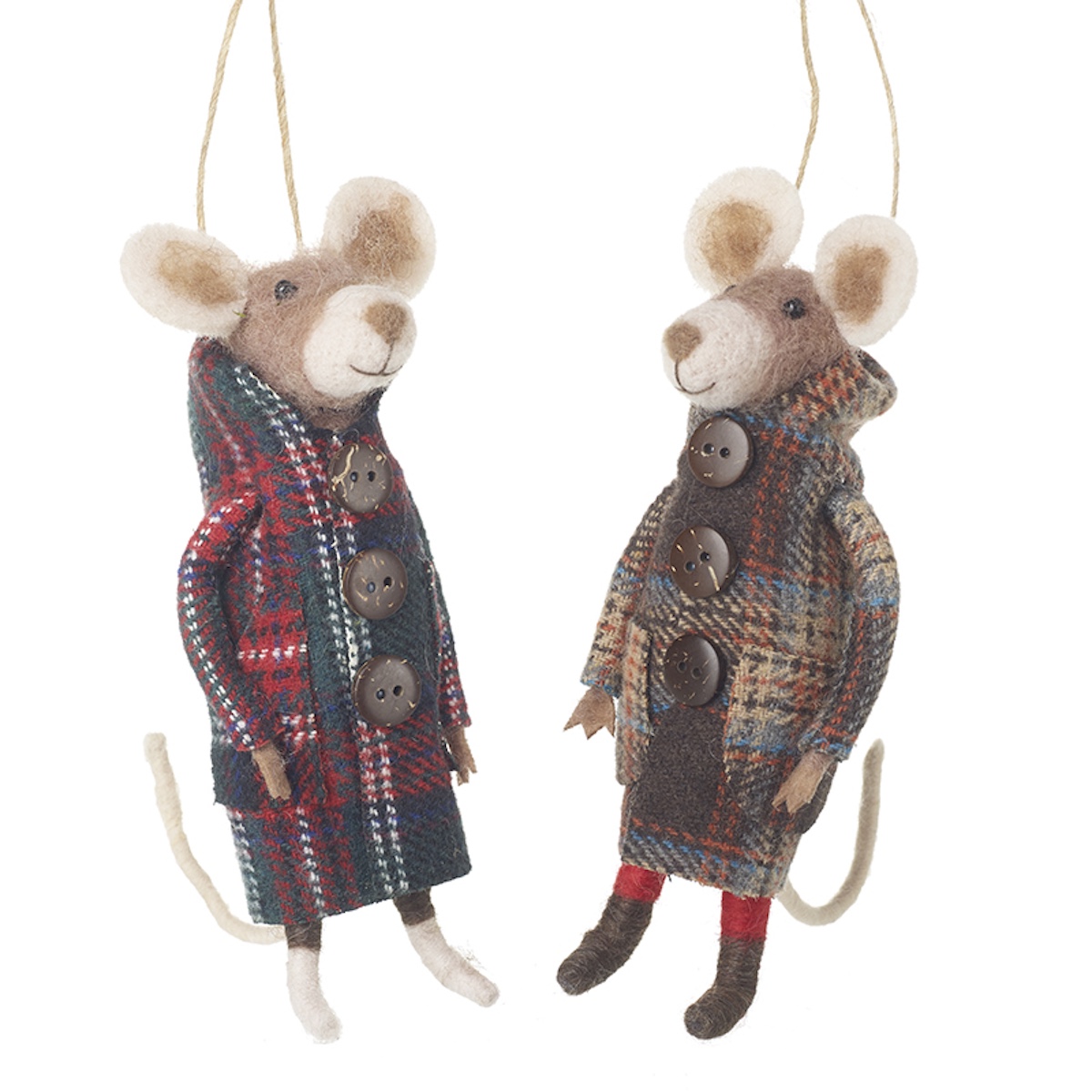 Heaven Sends Set of 2 Felt Mice in Tartan Jackets Christmas Tree Decorations