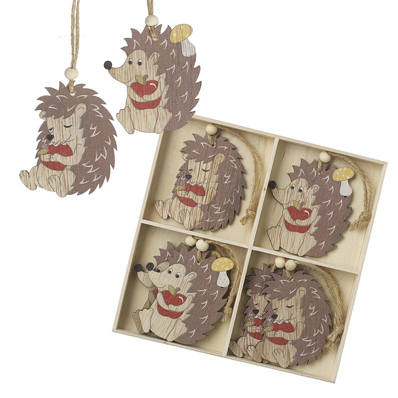 Heaven Sends Set of 8 Wooden Hedgehog Christmas Tree Decorations