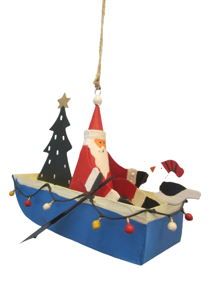 Shoeless Joe Metal Santa in Boat Christmas Tree Decoration