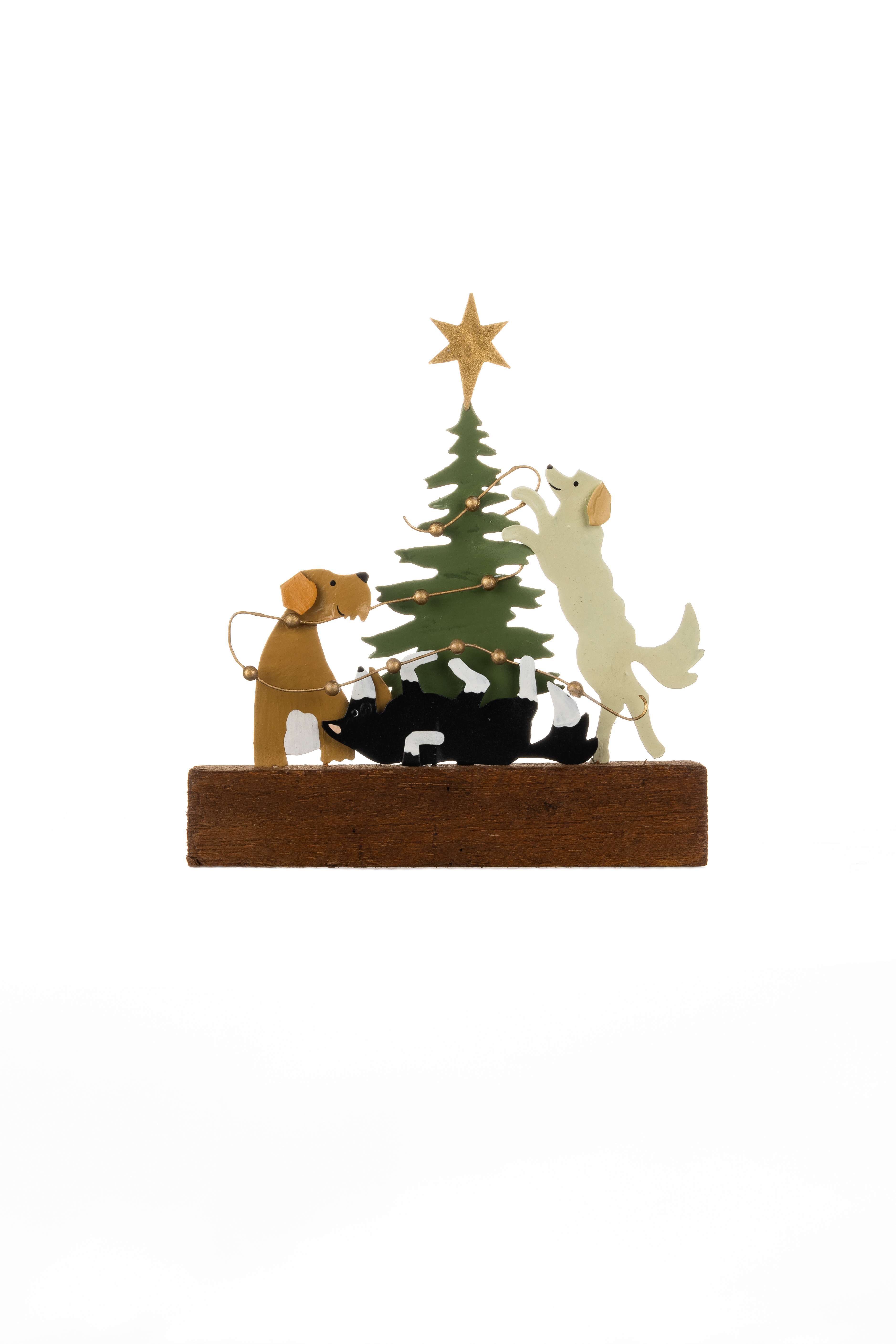 Shoeless Joe Dogs Dressing a Christmas Tree Wooden and Metal Decoration