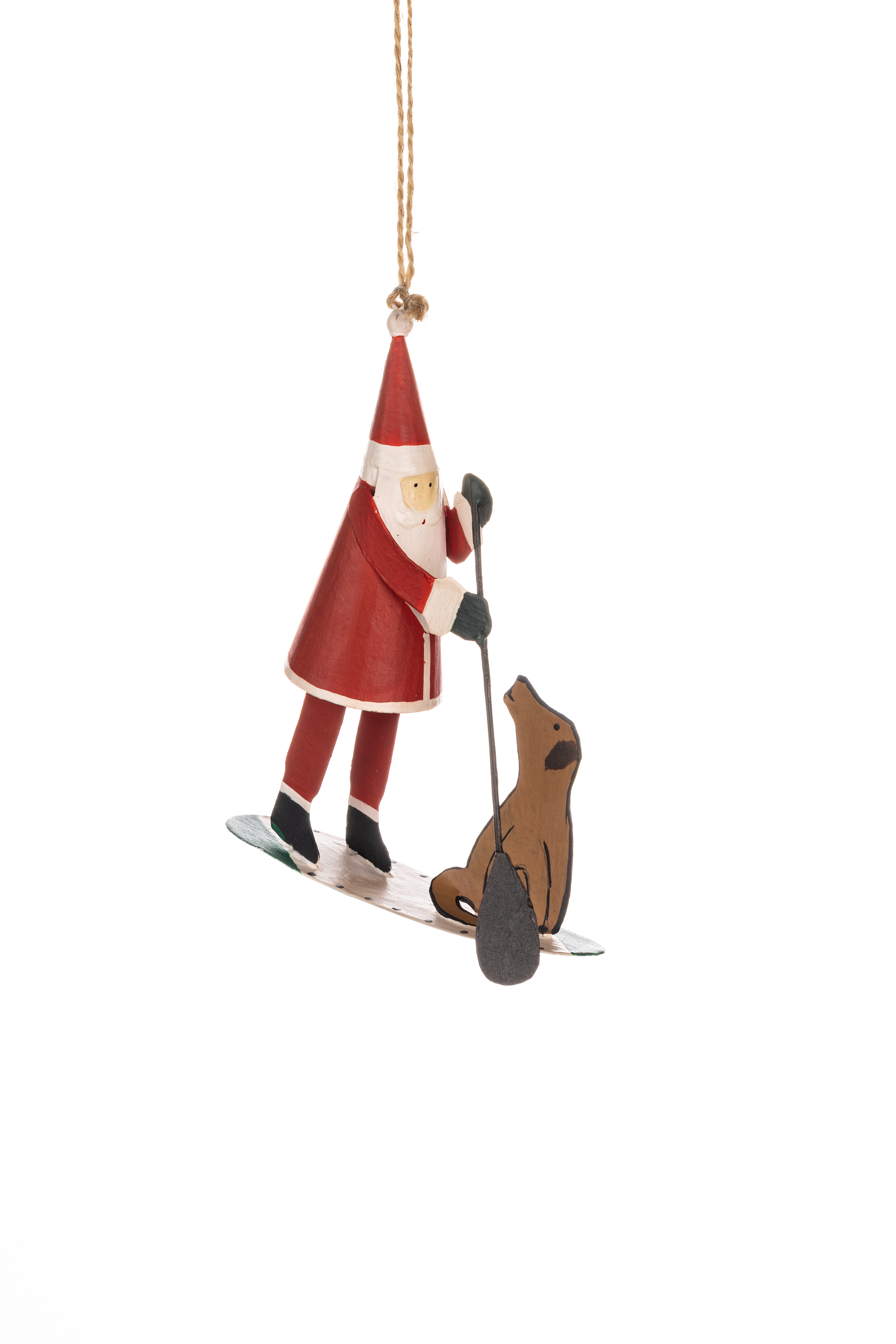 Shoeless Joe Metal Santa and Dog on Surfboard Christmas Tree Decoration