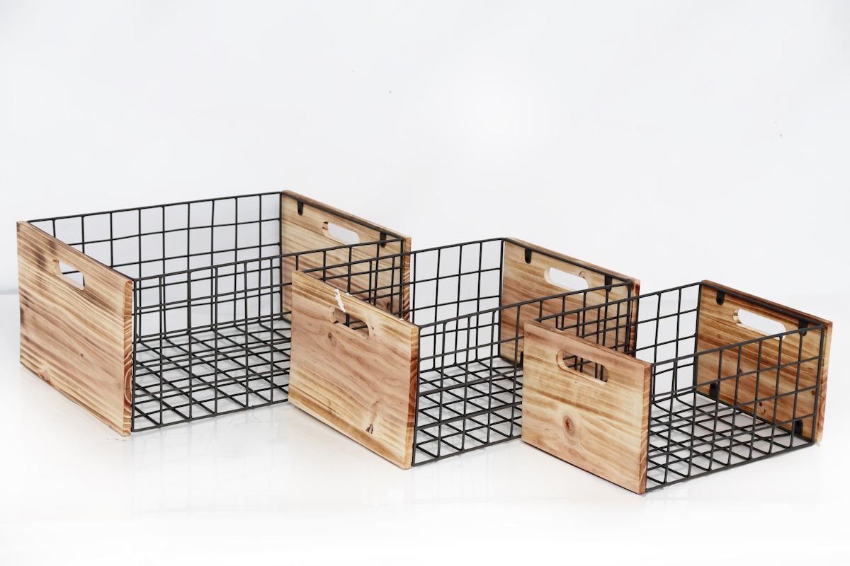 Sifcon Set of Three Metal and Wooden Storage Baskets